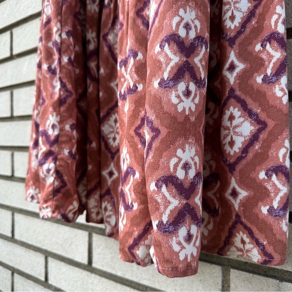 Knox Rose Rust Purple Ikat Puff Sleeve Tiered Midi Dress Pockets Tie Back Size L - Picture 4 of 13